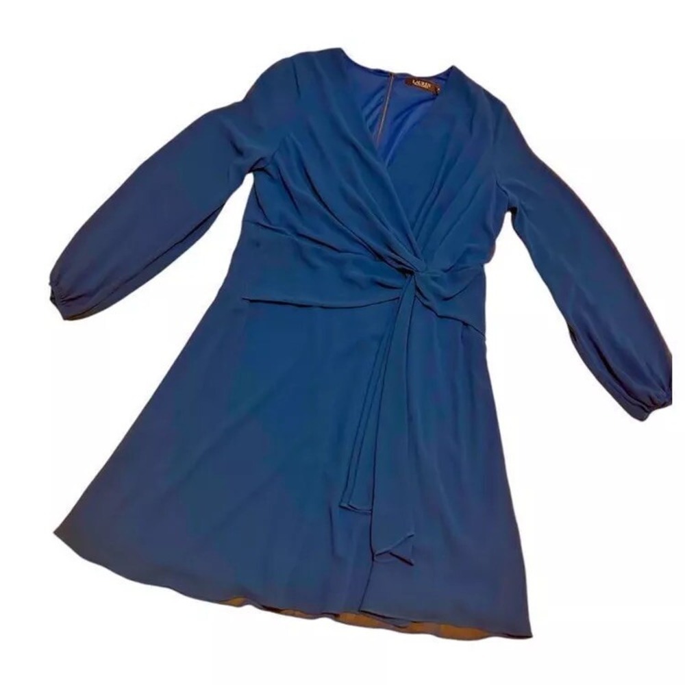 Ralph Lauren Black Label sz 10 twist faux‎ wrap chiffon dress blue holiday party